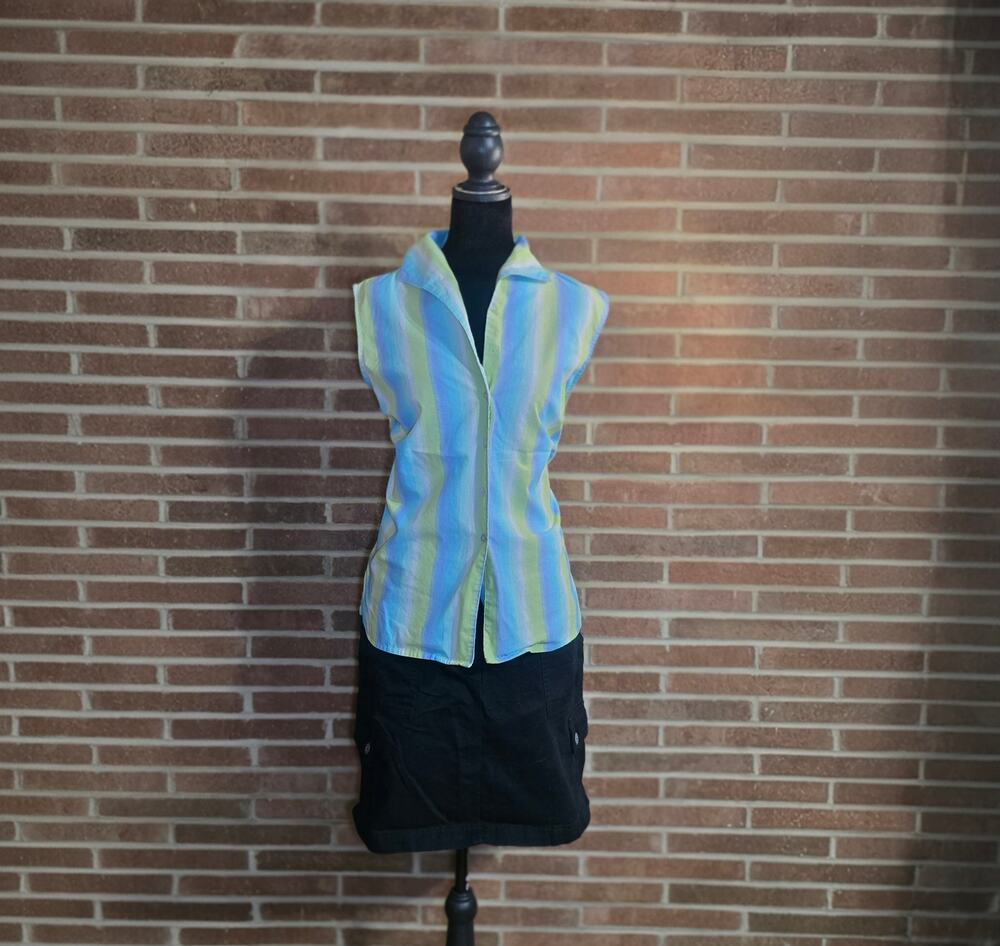 Vintage Sleeveless Pastel Striped Blouse Button Down Shirt Blue Green